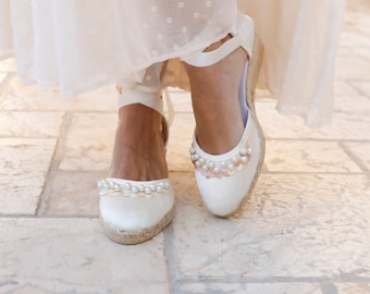 Elegant Ivory Satin Espadrilles with Pearl Embellishments for Weddings, Pearl Adorned Ivory Satin Wedding Espadrilles: Stylish and Comfy