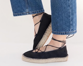 Platte espadrilles voor dames, platte damesschoenen met veters, zwarte platte schoenen