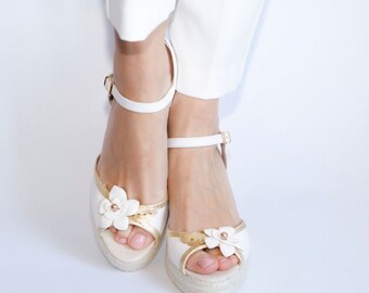 Elegant Wedge Sandal in Genuine Leather with Golden Accents & Exquisite Flower Embellishment,