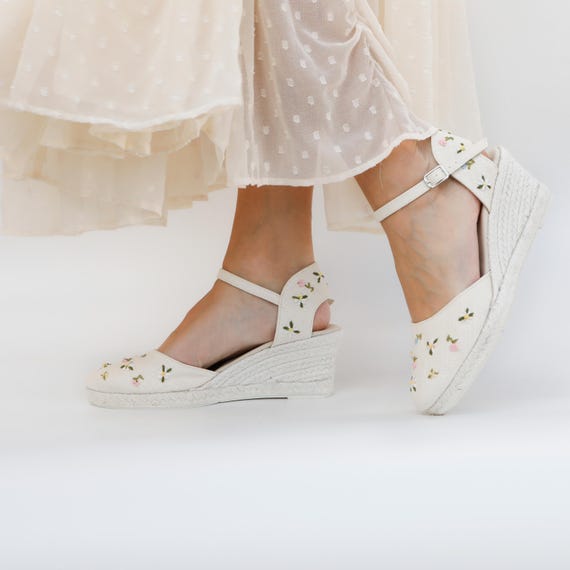 Embroidered Espadrille Wedges: Ivory Ankle Strap Shoes