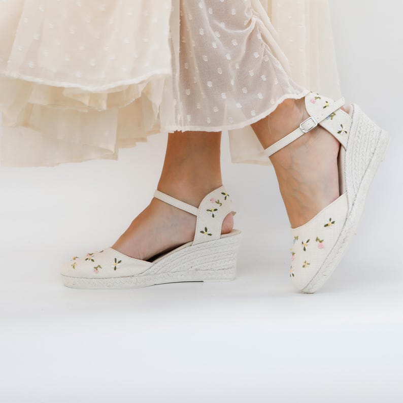 Embroidered Espadrille Wedges: Ivory Ankle Strap Shoes image 1
