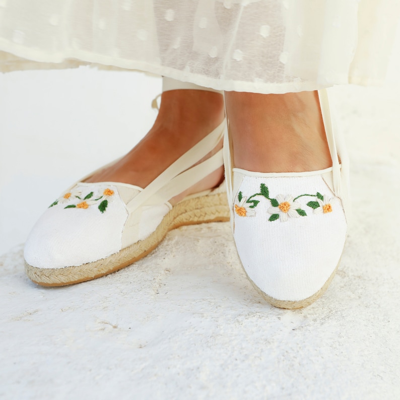 White Wedding Flat Espadrilles with Embroidered Daisies Bridal Shoes for Beach Ceremony, White Wedding espadrilles Elegant Bridal Flats image 1