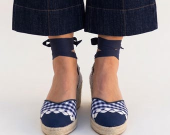 Espadrille Wedge Sandal Ankle Tie Ribbon Lace Closure Navy Gingham Check Pattern Heel Customizable Height Jute Platform Padded Soft Leather
