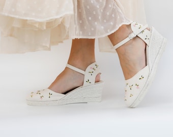 low wedge espadrilles , embroidered ivory shoes for women embroidered, ankle strap low wedges