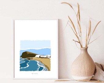 Mediterranean digital illustration, landscape printed artwork, beach digital artwork