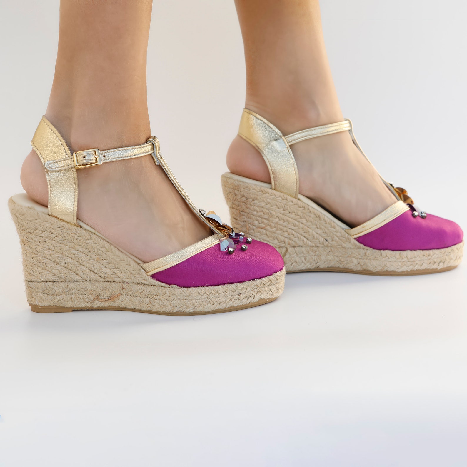 Magenta Satin Wedge Espadrilles: Gold Heel, Rhinestone Detail - Etsy