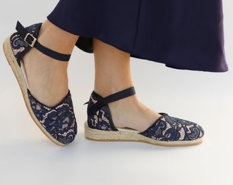 Elegant Navy Blue Lace Espadrilles, Flat Summer Shoes for Bridesmaids,