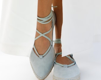 Soft Suede Espadrille Beach Wedding Comfortable Shoe Natural Fiber Jute Sole Mint Green Boho Style Summer Sandal Elegant Design Ankle Tie