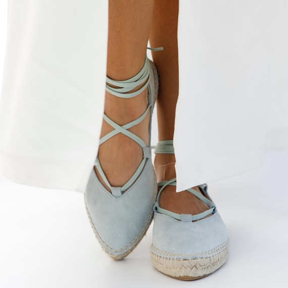 Soft Suede Espadrille Beach Wedding Comfortable Shoe Natural Fiber Jute Sole Mint Green Boho Style Summer Sandal Elegant Design Ankle Tie