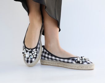 Ballet Flat Espadrilles in Black and White Checkered Print, canvas ballerina shoes