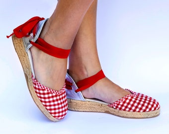 Stylish Red Gingham Flat Espadrille with Leather Heel for Women, canvas espadrilles with red and white checkered print, silver leather heel