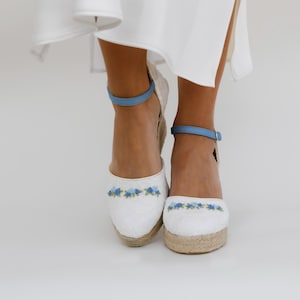 romantic lace wedding shoes, high wedges with blue embroidered flowers,