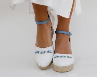 romantic lace wedding shoes, high wedges with blue embroidered flowers,