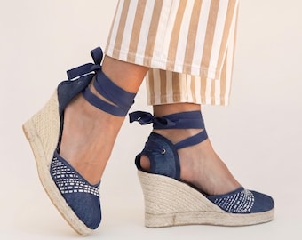 Navy Espadrille Wedge Sandal Women Summer Footwear Closed Toe Canvas Ankle Platform Lace Up Shoe Blue Embroidered Heel Comfortable Jute
