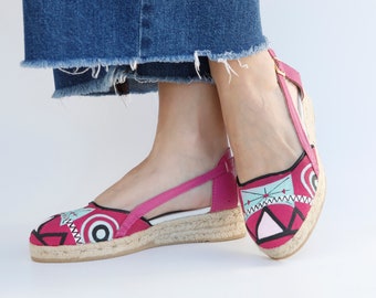 Women's Flat Espadrilles, handpainted geometric pattern esign for unique style and comfort