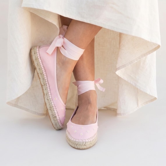 Pink Espadrille Flat Ballet Shoe Summer Wedding Bridesmaid Flats Beach Vacation Casual Footwear Women Daisy Ballet Ribbon Tie Ankle
