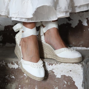 Ivory Espadrille Wedges: Women's Grosgrain Ribbon Canvas Shoes