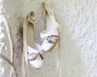 Low wedge ribbon espadrilles, embroidered and hand-painted espadrilles, Spanish hand made espadrilles, white espadrilles