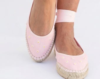 Pink Espadrille Flat Ballet Shoe Summer Wedding Bridesmaid Flats Beach Vacation Casual Footwear Women Daisy Ballet Ribbon Tie Ankle