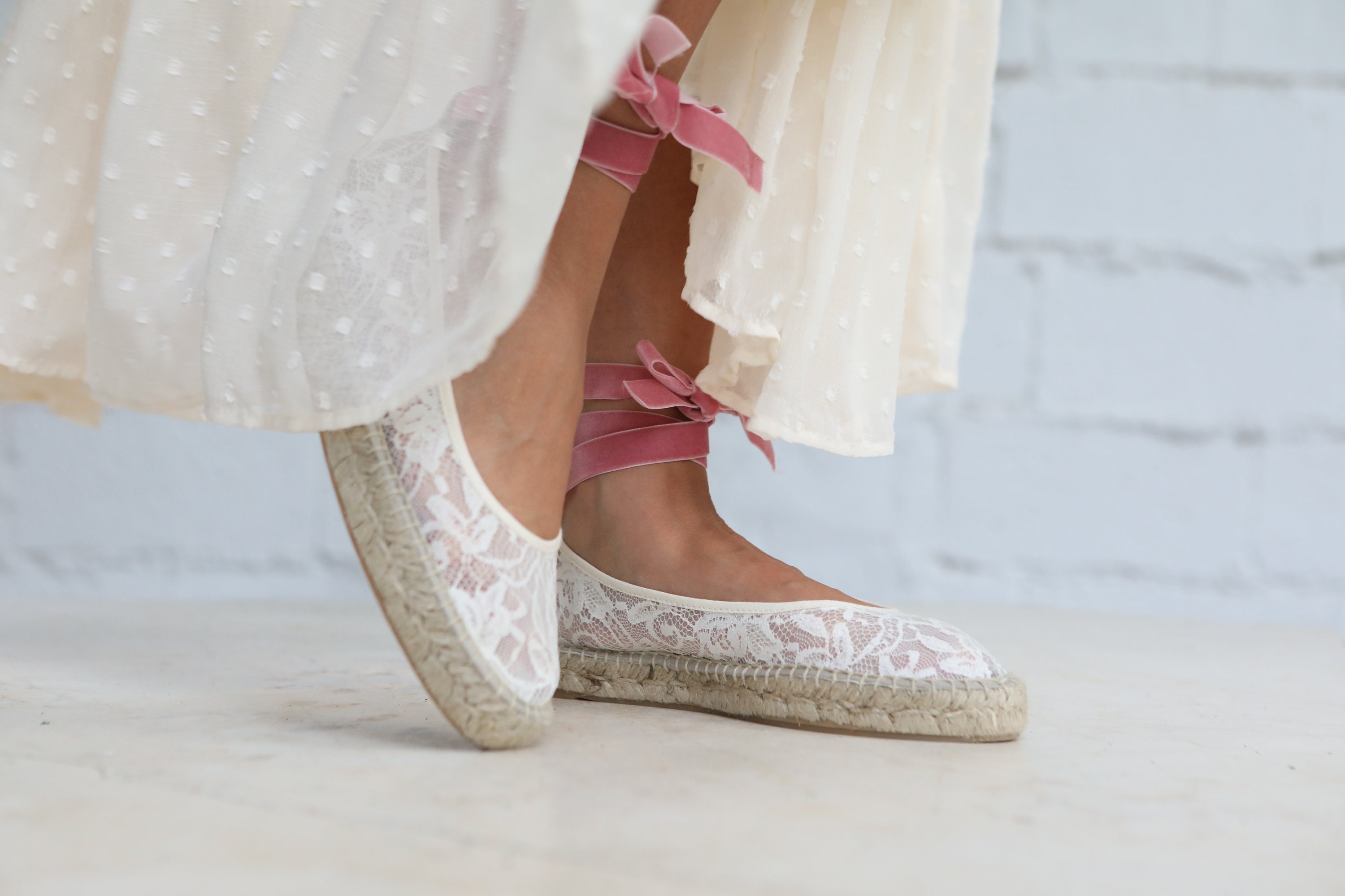 lace flat espadrilles, perfect for brides with a boho style or just to be comfortable in the wedding party, velvet ribbon espadrilles