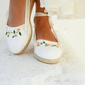 White Wedding Flat Espadrilles with Embroidered Daisies Bridal Shoes for Beach Ceremony, White Wedding espadrilles Elegant Bridal Flats image 6