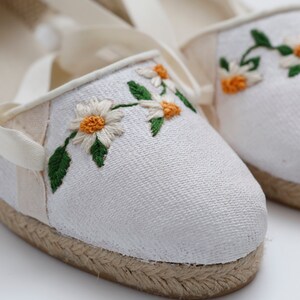 White Wedding Flat Espadrilles with Embroidered Daisies Bridal Shoes for Beach Ceremony, White Wedding espadrilles Elegant Bridal Flats image 9