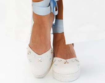 Bridal Wedge Shoe for Wedding Espadrille Sandal with Crystal Ankle Strap Comfort Shoe for Bride Beach Wedding Platform Heel Jute Design