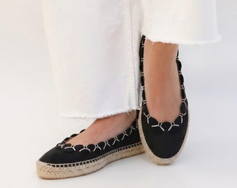 Canvas espadrille ballet platte zwarte zomerschoenen voor vrouwen katoenen canvas touwzool ballet platte schoenen