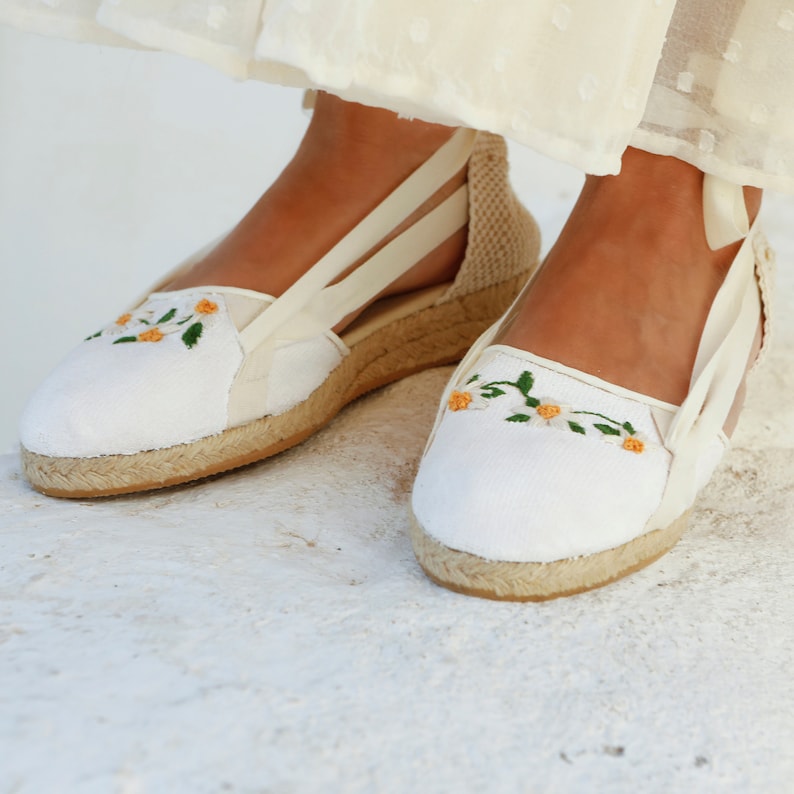 White Wedding Flat Espadrilles with Embroidered Daisies Bridal Shoes for Beach Ceremony, White Wedding espadrilles Elegant Bridal Flats image 8