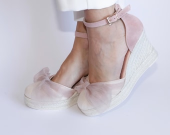 Pink Espadrille Wedge Bridal Shoe For Wedding Jute Footwear For Bride Comfort Shoe Summer Wedding Beach Sandal Soft Leather Comfort Heel