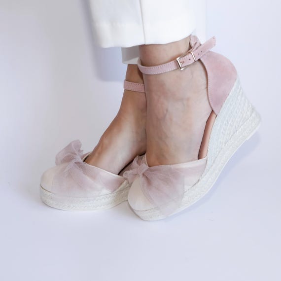 Pink Espadrille Wedge Bridal Shoe For Wedding Jute Footwear For Bride Comfort Shoe Summer Wedding Beach Sandal Soft Leather Comfort Heel