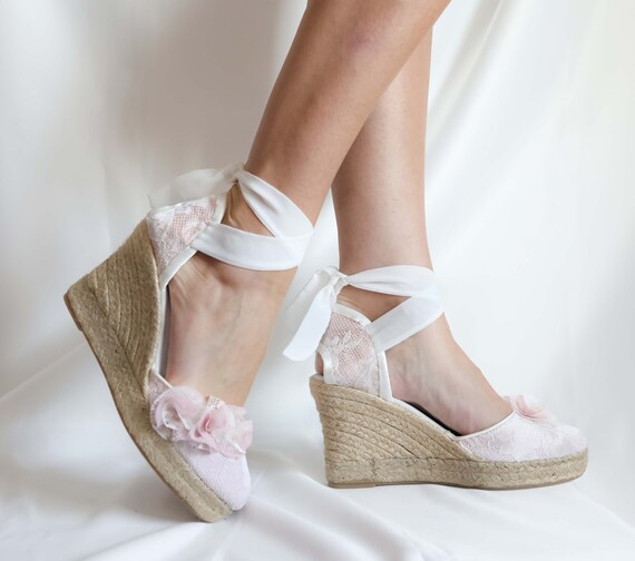 Hand-painted Pink Canvas Espadrille Lined With Off-white Lace, Espadrilles  Embellished With Flowers, Handmade Beach Wedding Wedges - Etsy