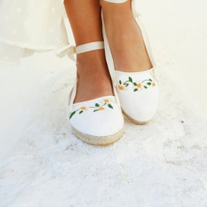 White Wedding Flat Espadrilles with Embroidered Daisies Bridal Shoes for Beach Ceremony, White Wedding espadrilles Elegant Bridal Flats image 7