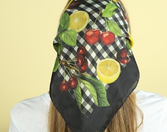 gigham check and fruits print silk scarf, square scarf, silk hair head scarf,  headband, neck scarf, neckerchief,