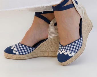 Espadrille Wedge Sandal Ankle Tie Ribbon Lace Closure Navy Gingham Check Pattern Heel Customizable Height Jute Platform Padded Soft Leather