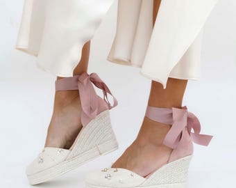 Ivory bridal shoes, pink suede high heels for brides, pink ankle strap wedges,  espadrilles with laces and rhinestone embellishments