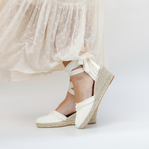 ivory low wedges, bridal espadrilles, lace up ivory wedding shoes