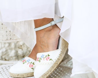 low wedges espadrilles, cross stitch embroidered espadrilles ideal for a romantic bride celebrating a beach or country wedding.