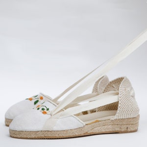 White Wedding Flat Espadrilles with Embroidered Daisies Bridal Shoes for Beach Ceremony, White Wedding espadrilles Elegant Bridal Flats image 4