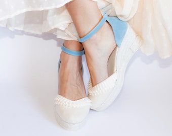Handmade Bridal Wedge Espadrilles: Blue Suede Ankle Strap Wedding Shoes