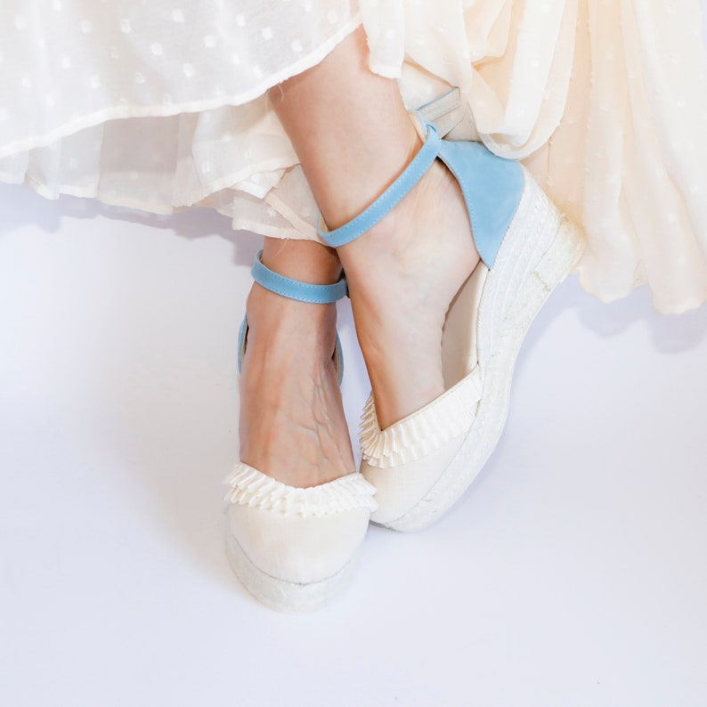 Bridal shoes wedge, spanish handmade spadrilles, confortable beach wedding wedges, blue suede bridal shoes image 1