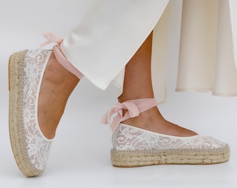 wedding flat espadrilles, lace flat shoes for boho brides, bridal lace up espadrilles
