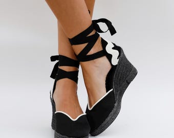 black satin espadrilles, black jute high wedges, elegant black lace-up espadrilles