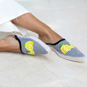 black and white striped flat espadrille, hand painted espadrille slippers image 1