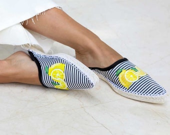 black and white striped flat espadrille, hand painted espadrille slippers