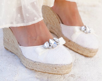 Lace Bridal Espadrille Wedges: Rhinestone Bow, Jute Platform
