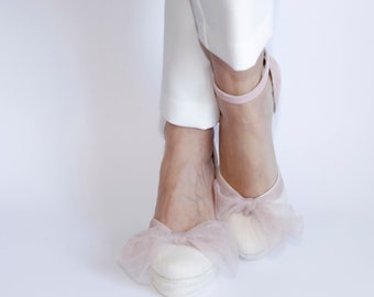 Handmade Bridal Espadrille Wedges: Pink Suede & Tulle, Beach Wedding Shoes