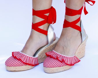 red gingham espadrilles, spanish handmade espadrilles with silver leather heel for comfortable strolls and eye-catching walks