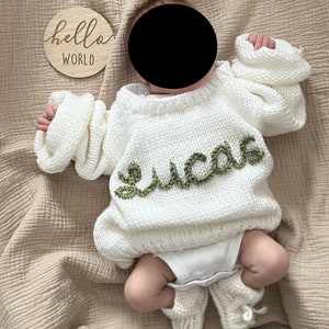 Hand-Embroidered Knit Sweater Baby Name Toddler Sweater Newborn Sweater Custom Knit Jumper Baby Gift Birthday Gift image 2