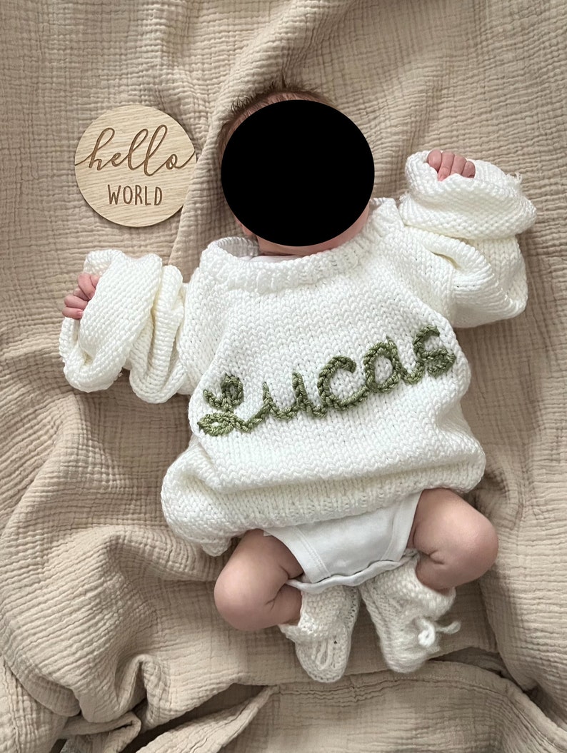 Hand-Embroidered Knit Sweater Baby Name Toddler Sweater Newborn Sweater Custom Knit Jumper Baby Gift Birthday Gift image 2